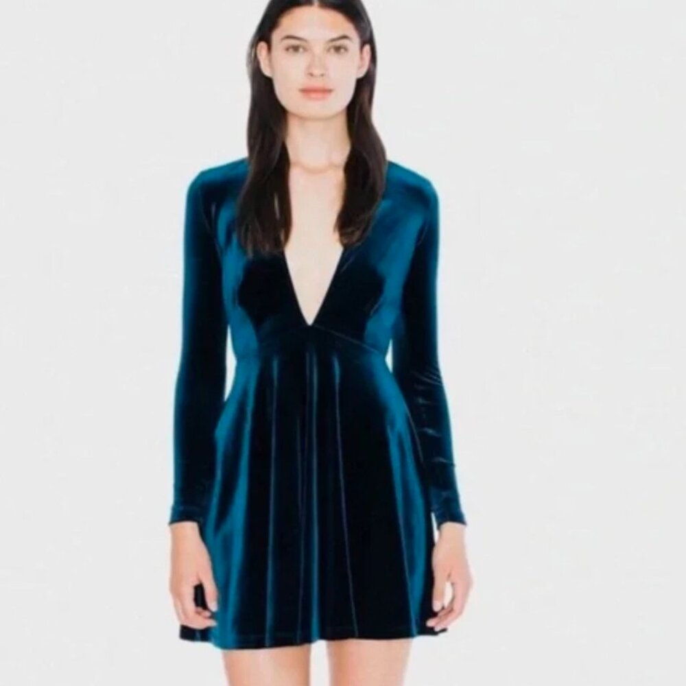 American Apparel Deep V Neck Dark Emerald GreenVelvelt Mini Slater Dtess